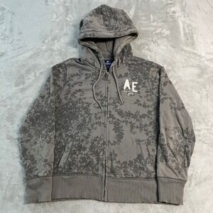 American Eagle Outfitters Womens XL Gray Floral Eagle Fleece Zip Hoodie EUC